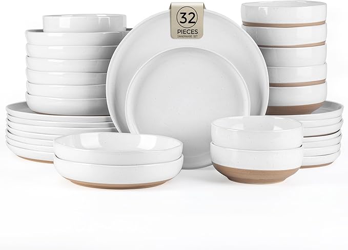 AmorArc Dinnerware Sets for 8, 32 Pieces Ceramic Plates and Bowls Set | Scratch Resistant Stoneware Dishes Set, Dishwasher & Microwave Safe,White