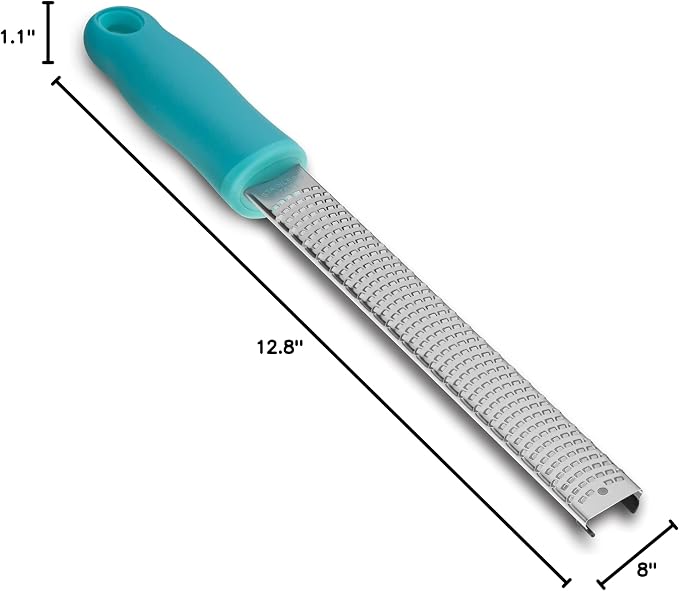 8-Inch Lemon Zester & Cheese Grater, 18/8 Stainless Steel, Blue | Fine 18/8 Stainless Steel Blade for Citrus, Parmesan, Ginger and Garlic, Soft Non-slip Handle, Cover, Dishwasher Safe