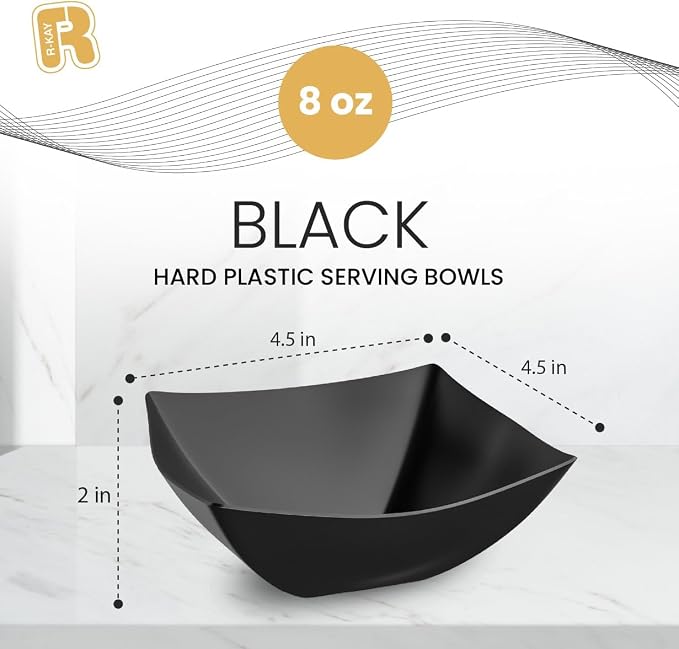 R-kay 6 Pack Square Plastic Serving Bowls - Black Plastic bowls 8 Oz - Disposable Serving Bowls, Disposable Heavy Duty For Weddings Catering And Birthday parties