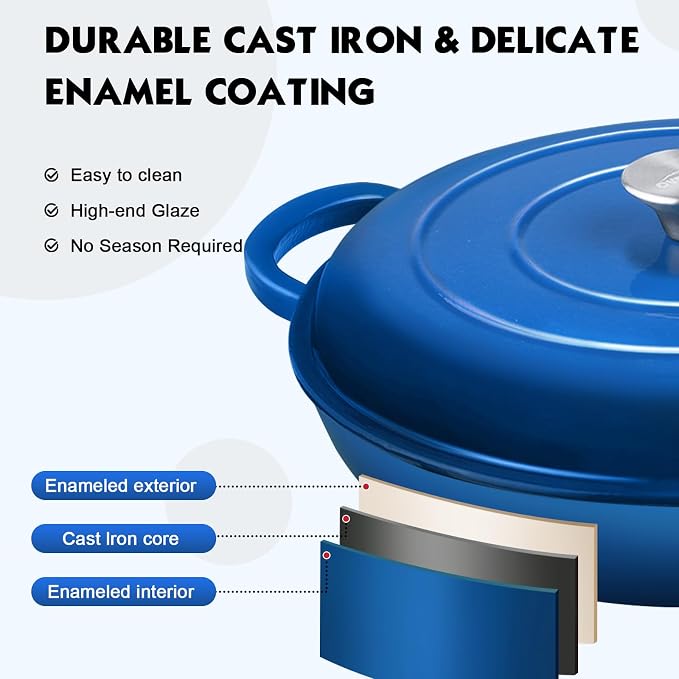 Overmont Enameled Cast Iron Dutch Oven - 3.8 QT Shallow Braiser with Recipe | Enameled Casserole with Lid Potholders, Oven Safe up to 500°F, Cast Iron Cookware for Grilling Searing Roasting Braising Bake