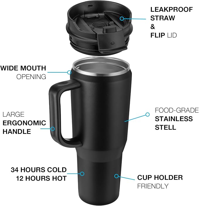 EALGRO 40 oz Tumbler with Handle, Insulated Tumblers with Lid and Straw | Leakproof Large Metal Sports Water Bottle Jug, Stainless Steel Travel Coffee Mug, Double Wall Vacuum Thermal Cup, Orange Red
