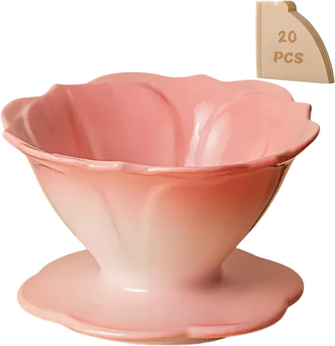 Ceramic Pour Over Coffee Dripper Flower Shape V01 with 20 Filters | 20Pcs filters included, Wide base fits most mugs, Sturdy quality ceramic, Balanced taste coffee brew
