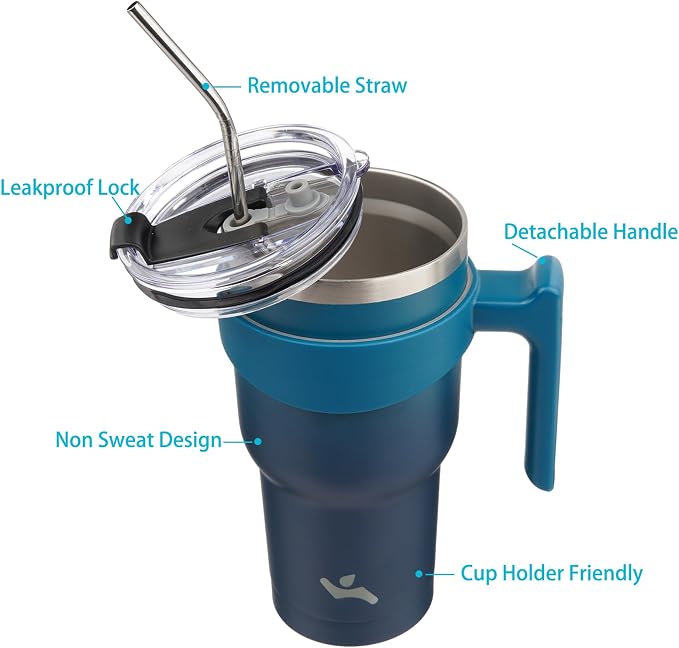 Konokyo 40 oz Tumbler with Handle and Straw, Insulated Travel Mug | Indigo Black; BPA-free, leak-proof tumbler with 2 lids, 2 straws, cup holder fit for coffee, office, travel & daily use