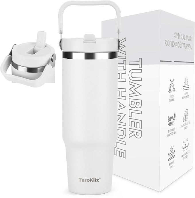 TaroKitc 30 oz Tumbler with Handle and Flip Straw, Triple-Wall Vacuum Insulated Water Bottle, Leakproof Reusable Travel Mug for Home, Outdoors, Fit in Car Cup Holder, Cold for 30 Hrs,White