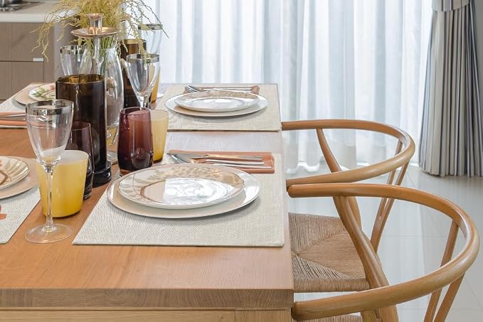 Faux Cotton Linen Placemats Set of 6, Cloth Washable Farmhouse Dining Table Mats for Indoors & Outdoors, Easy to Clean, Neutral Beige, 13 x 19 Inch