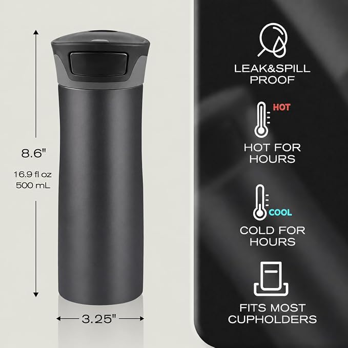 17 oz / 500 ml Travel Coffee Mug, One-Handed Black Insulated Coffee Tumbler with Lid, Leak Proof Stainless Steel Coffee Cup, Reusable Water Bottle for Office, Car, Travel, Hot Coffee and Cold Drinks