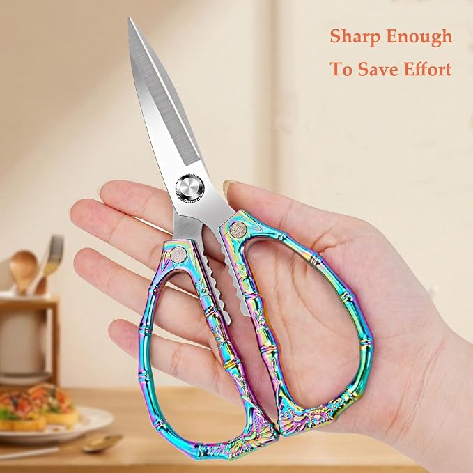 Multi-Purpose Kitchen Shears Scissors, Heavy Duty Stainless Steel Kitchen Scissors for Food with Strong Straight Edge Snips Colorful Handle (Bamboo joint)
