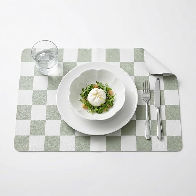 Set of 6 Checkerboard Non-Slip Washable Placemats for Dining Table | Waterproof & Heat-Resistant Faux Leather Mats | Easy Wipe Clean Tablemats for Indoor Dining, 17’’×12’’, Sage Green