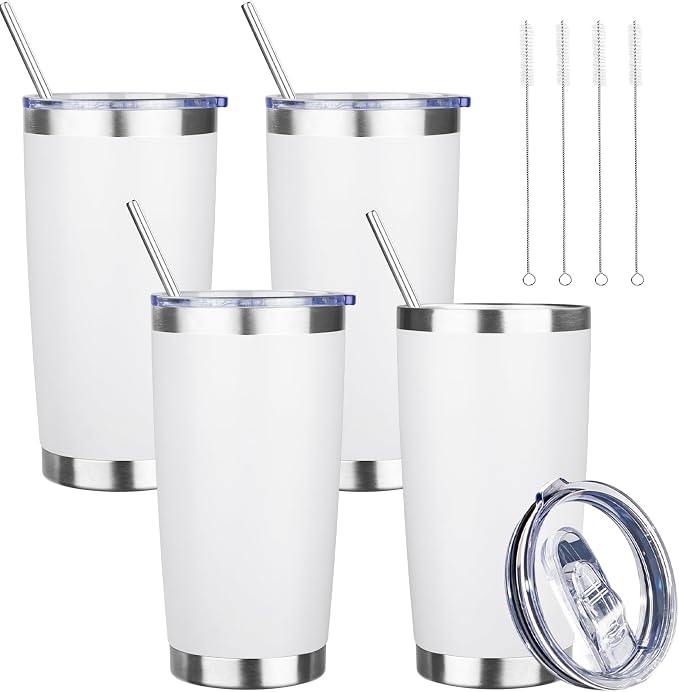20 oz Tumbler with Lids and Straws, Stainless Steel Insulated Travel Coffee Mug, Double Wall Vacuum Insulated Tumblers, Powder Coated Coffee Tumbler for Cold & Hot Drinks (White, 4pack)