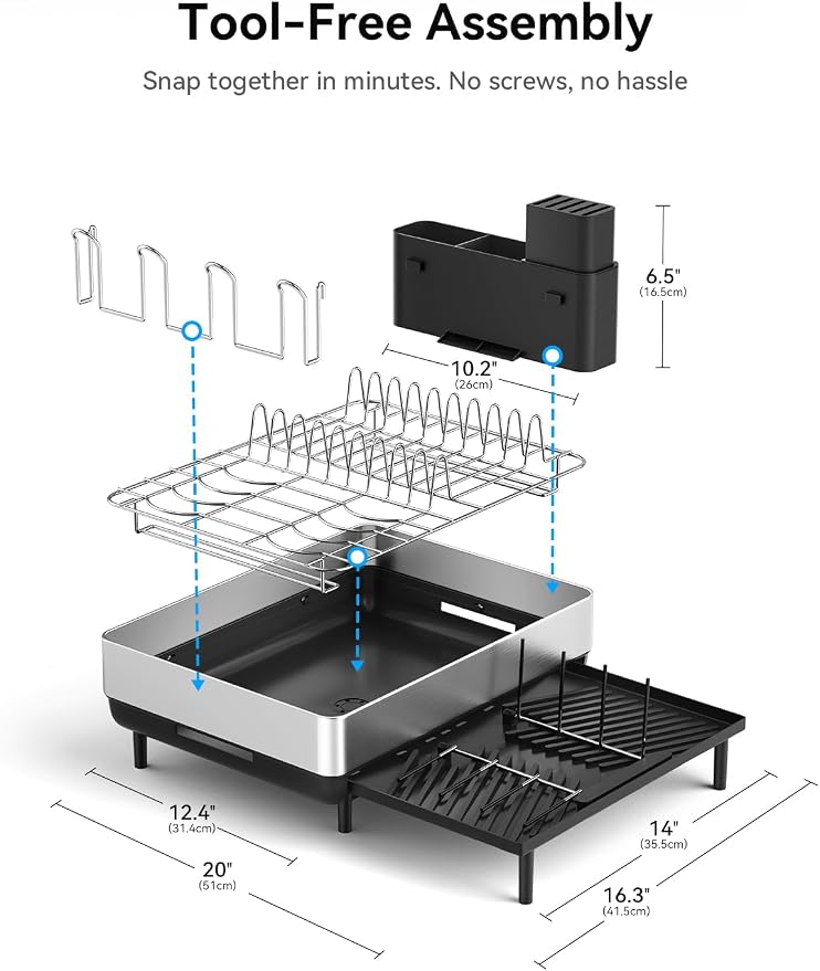 Large Dish Drying Rack, Expandable Dish Rack for Kitchen Counter, 304 Stainless Steel Space Saving Dish Drainer with Multifunctional Flip Up Pegs