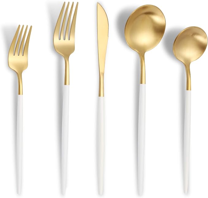 Matte White Gold Silverware Set for 8,Modern Stainless Steel Brushed Cutlery Set,40-Pieces Heavy Duty Flatware Set,Knives Spoons and Forks Set Utensils Set, Satin Finish, Dishwasher Safe