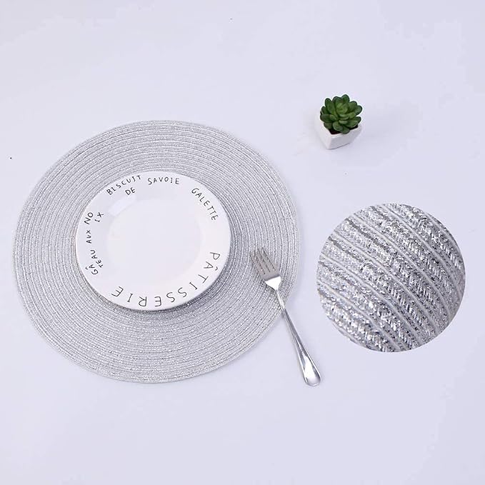 SHACOS Christmas Glitter Silver Placemats Set of 8 Sparkle Bling 15 inch Round Braided Table Mats Washable Place Mats for Dining Table Home Table Decor (Silver, 8)