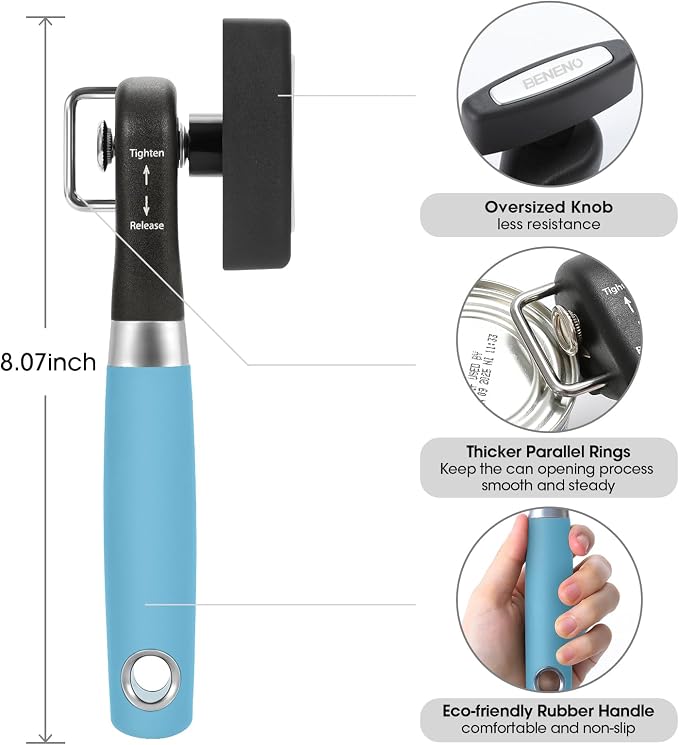 Beneno Can Opener, Manual Side Safe Cut Can Opener Smooth Edge, Aqua | Durable Sharp DC53 Steel Cutting Blade, Clean Cut with no Sharp Can Edges, Big Effort-Saving Knob, Comfortable Non-Slip Grip