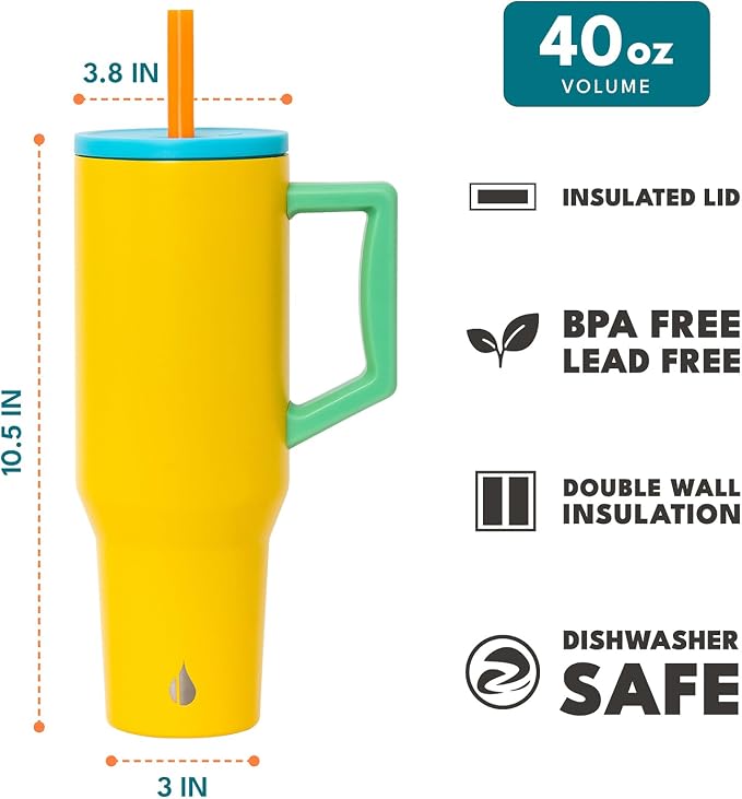 Elemental Spill Proof 40oz Insulated Tumbler with Handle & Straw Travel Mug | Stainless Steel Commuter Travel Coffee Mug for Cold Beverages, Includes 2 Straws & a Spill Proof Lid for Everyday Use