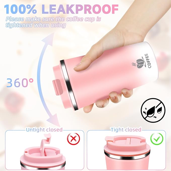 Insulated Travel Coffee Mug Reusable Coffee Tumbler Cup with Flip Lid Leak Proof Spill Proof for Office School Party Camping Hot and Cold Drink,Stainless Steel 17oz (Pink)