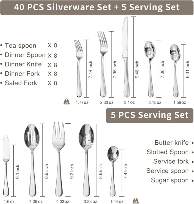 Silverware Set for 8,45 Piece Stainless Steel Flatware with Serving Utensil | KINGSTONE Heavy Duty Cutlery set, Mirror Polished Knives Fork and Spoon Utensils ,Dishwasher Safe for Wedding Housewarming