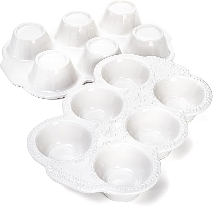 Hiceeden 2 Pack 6-Cup Ceramic Muffin Pan, Nonstick Cupcake Baking Pans with Handle, Ceramic Muffin Tin with Embossed Pattern for Muffin, Cupcake, White