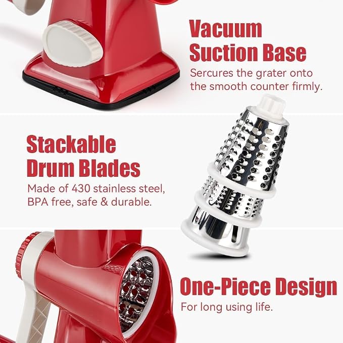 Rotary Cheese Grater Hand Crank Red - Shredder Slicer Grinder 3 Stainless Steel Blades, Stable Suction, Labor-Saving Handle, Safe Kitchen Tool for Cheese, Vegetable, Nuts, Chocolate
