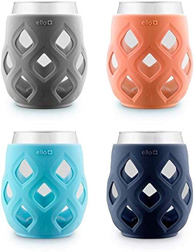 Ello Cru 17oz Stemless Wine Glasses with Silicone Sleeves, 4 Pack, Paloma | Set of wine glasses with silicone sleeves. No-stem, BPA-free, dishwasher safe, ideal for patios, parties, and BBQs.
