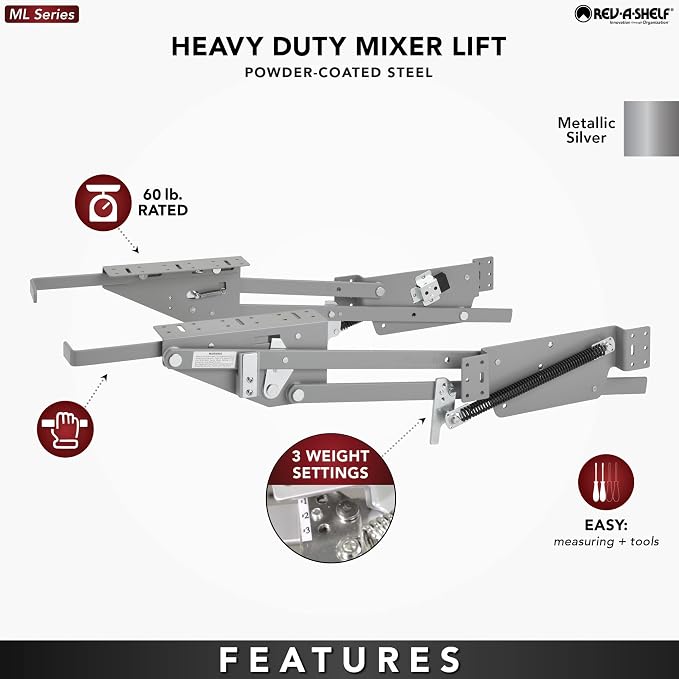 Rev-A-Shelf Heavy-Duty Stand Mixer Lift for Kitchen Base Cabinets | Zinc - Spring-Loaded Lifting System for Small Countertop Appliance Storage, Min Opening Width of 12, RAS-ML-HDCR