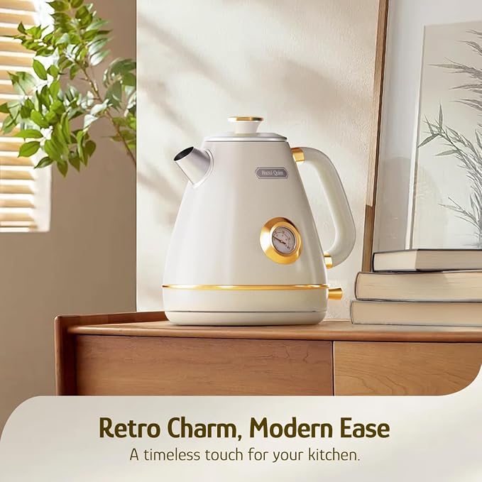 Hazel Quinn Retro Electric Kettle, 1.7 Liters with Thermometer, Pearl White | 57.5 Ounces Tea Kettle All Stainless Steel, 1200 Watts Fast Boiling, BPA-free, Cordless, Automatic Shut Off, Home and Office