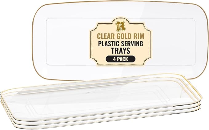 R-kay 4 Pack Clear Plastic Serving Trays - 10 by 5.5 in Heavy Duty Rectangular Platters for Party, Food, and Desserts