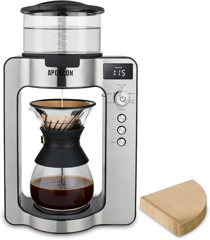 APOXCON Drip Coffee Maker, Automatic Pour Over Coffee Machine with Natural Filters for Home Brewer, Programmable Coffee Dripper with Built‑in Scale & Adjustable Strength, Single Serve or Full Carafe