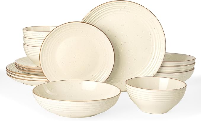 Famiware Jupiter Stoneware Dinnerware Sets with Pasta Bowls, Dishes for 4 | 16pc Speckled Plates and Double Bowls with Rim, Chip & Scratch Resistant, Microwave & Dishwasher Safe, Neutral Vanilla White