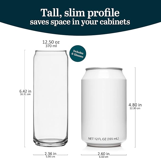 Libbey Classic Slim Beer Can Glasses, 12.5 oz Tall Drinking Glasses Set of 6, Space-Saving, and Versatile Thin Glassware for Cocktails, and Mocktails