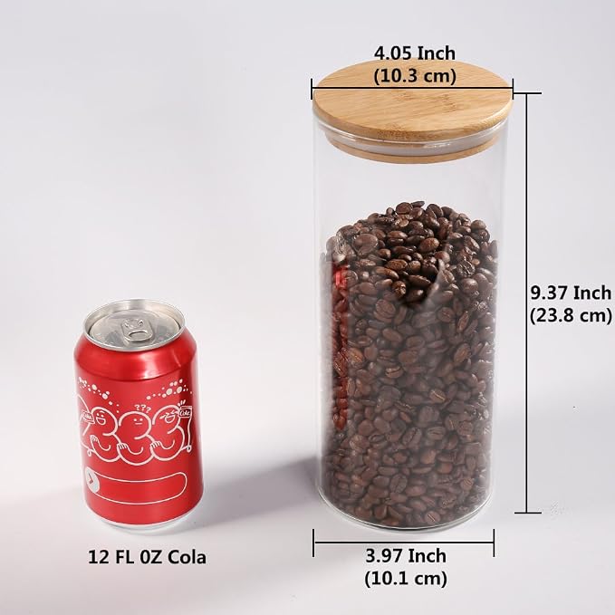 Glass Coffee Bean Container, 52.36 FL OZ (1550 ML), [Thickened Version] Glass Food Storage Jar with Airtight Seal Bamboo Lid - Clear Food Storage Canister for Serving Tea, Coffee, Spice and More