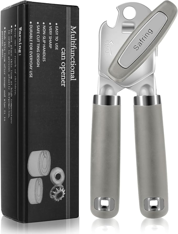 Safring Can Opener Manual, Heavy Duty Handheld Strong Can Opener with Soft Touch Handle, Sharp Blade Smooth Edge, Can Openers with Multifunctional Bottle Opener, Gray