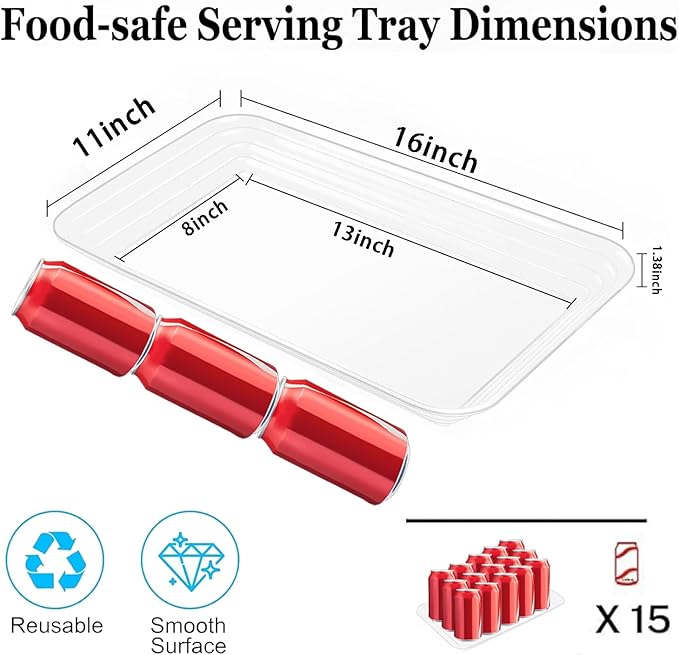 SUT 6-Pack Clear Serving Trays for Entertaining-16 x 11" Serving Platters for Snacks, Fruit, Cookies, Dessert, Reusable Plastic Trays for Serving Food and Party Organization in Kitchen & for Parties