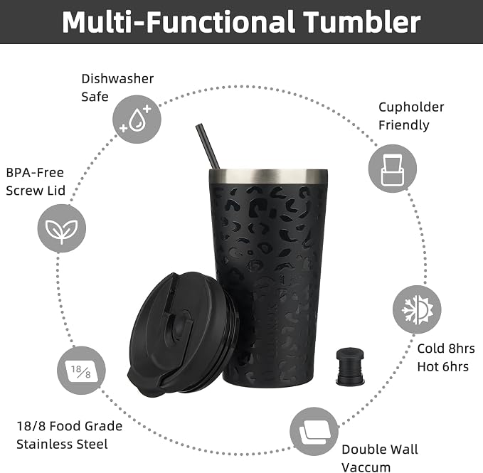 BJPKPK 18 oz Coffee Tumbler with Straw, Insulated Stainless Steel Cup | Double Wall Vacuum, Leak Proof, Keeps Hot/Cold, BPA Free, Cupholder Friendly, Travel, Black Leopard