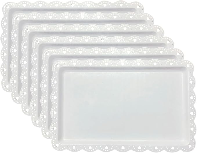 Set of 6 Plastic Serving Trays Food Tray - 14" x 9" Rectangle Serving Platter for Party Cafeteria Kitchen Restaurant , Small Flat Trays for Dessert Fruit Cookie Snack (6, White)