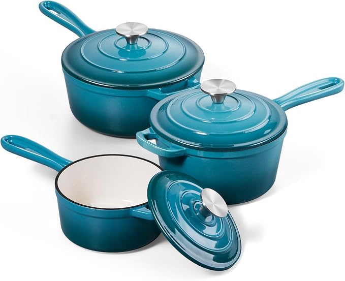 Onader Enameled Cast Iron Sauce Pan, 1QT & 2QT & 3QT Saucepan with Lid, Small Cast Iron Pot for Cooking, Enamel Dutch Oven, Nonstick & Heavy Duty – Dark Cyan
