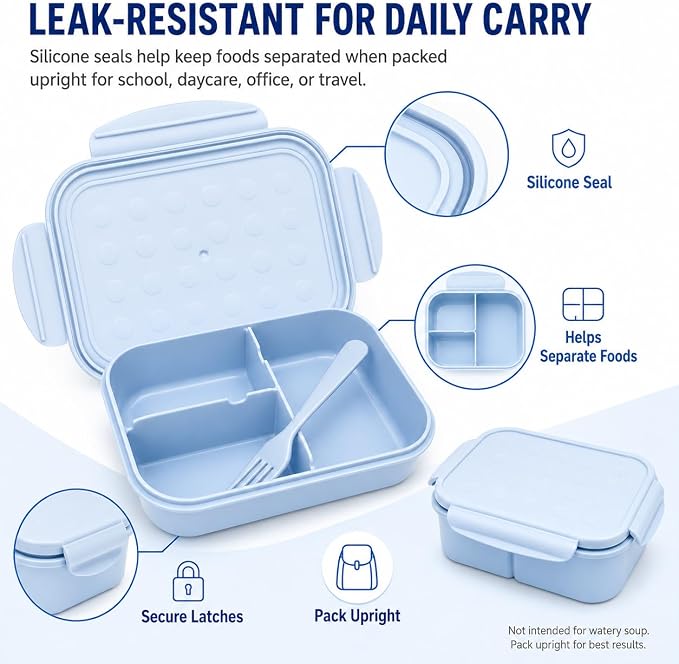 MISS BIG® Kids Bento Lunch Box, 1150ml 3 Compartments, Blue | Blue kids bento lunch box for school, daycare, and snack time
