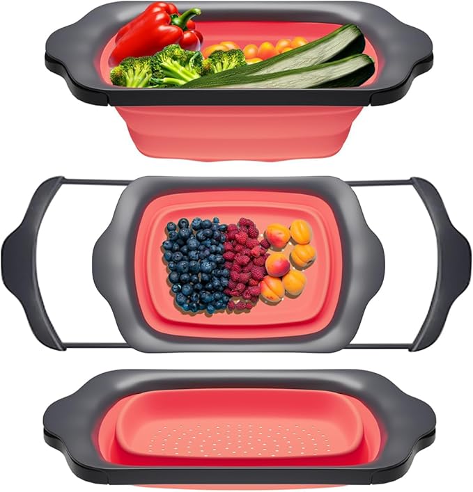 Comfify Coral XL Collapsible Silicone Over Sink Colander – 6 Quart | Coral; extends 25" to span sink; both hands free; collapses flat; 6 Qt; heat resistant 176F; pasta, veg, fruit