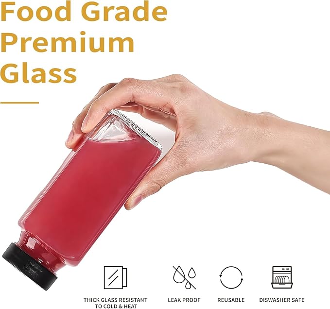 12 Pack 8 oz Glass Juice Bottles with Black Lids & Labels, Reusable Travel Juice Storage Containers, Clear Glass Drink Jars for Juicing, Water, Ginger, Wellness Shots - Leakproof, Dishwasher Safe