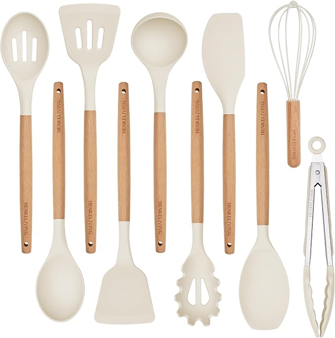 Silicone 10 Pcs Kitchen Cooking Utensils Set, Recycled Materials Certification, BPA Free Spatula Set with Heat Resistant Wood Handles for Nonstick Cookware, Cream White
