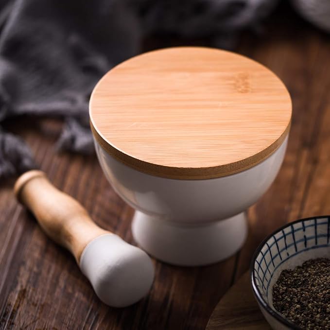 E-liu Porcelain Mortar and Pestle Set with Lid, Functional for Grinding | Pill Crusher, Spice Grinder, Herb Bowl, Pesto Powder with Anti-Slip Base and Grip – Molcajete for Seasoning, Paste