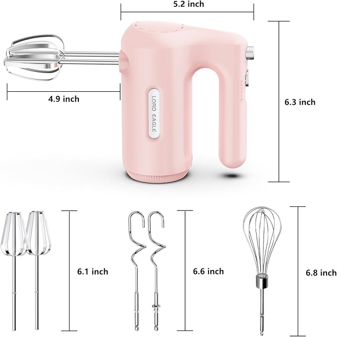 Lord Eagle 5-Speed Small Hand Mixer Electric, 300W Compact Portable, Pink | Handheld Kitchen Mixer Egg Beater with 5 Attachments & Storage Bag, Cake Supplies for Bread Dough Baking, Lightweight