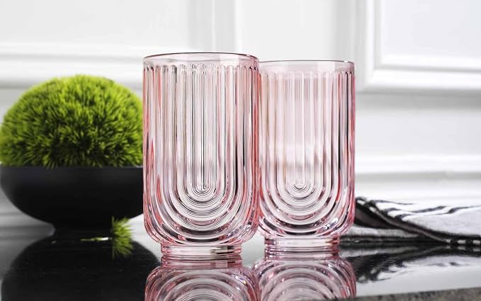 Glaver's Vintage Glassware Art Deco Glasses Ribbed Drinking Glasses U-Shape Arch Design Colored Cocktail Kitchen Tumblers Everyday Dinner Decorative Party Hand-Wash Only (Pink S/4 17oz)