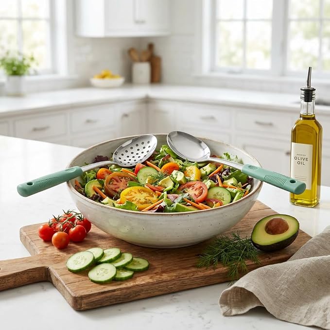 Serving Spoon Set with Silicone Handles,2-Piece spoon | Stainless Steel Serving Spoon, Slotted Spoon & Soup Ladle Set for Buffet and Home Kitchen