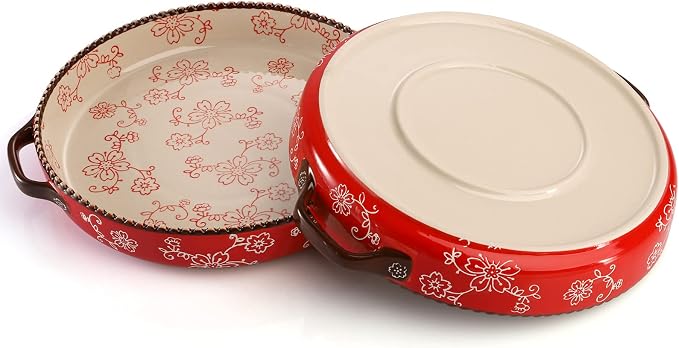 AVLA 2 Pack Ceramic Pie Pan, 9 Inch Round Baking Dish with Double Handle, 28 Ounce Deep Quiche Plate for Kitchen, Cooking, Roasting Lasagna (Sakura, Red)