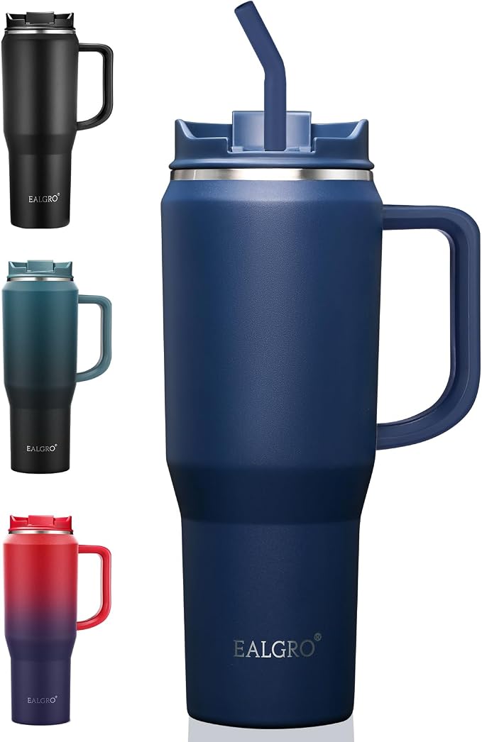 EALGRO Insulated Coffee Mug with Lid, 40 oz Tumbler with Handle and Straw | Leakproof Stainless Steel Coffee Tumbler, Large Metal Sports Water Bottle Jug, Double Wall Vacuum Thermal Cup, Navy Blue