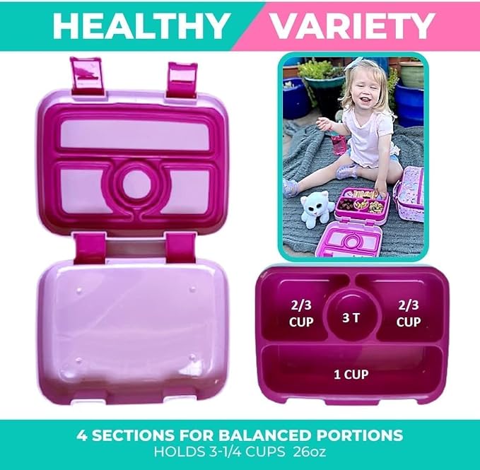 kinsho Bento Lunch Box Set for Small Kids, Snack and Meal Containers for Pre School or Daycare, 4 Compartments, BPA Free, 2 Pack Pink Unicorn + Rainbow