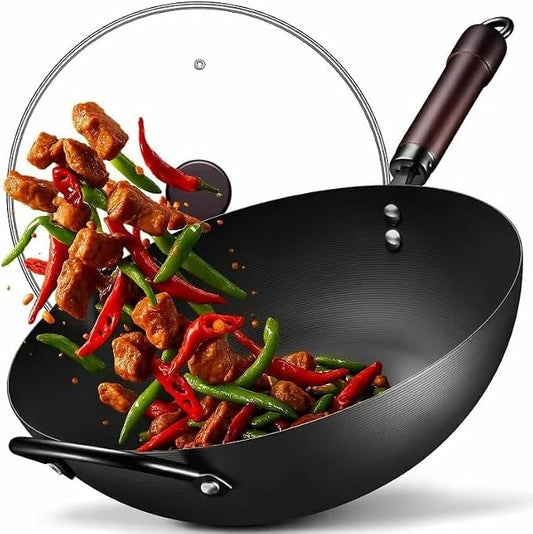 FGJ Wok, 13 Inch Carbon Steel Woks & Stir-fry Pans Nonstick Roasting Pan | Pre-Seasoned 5.8QT Flat Bottom Chinese Wok Roasting Pan with lid,PFOA/PTFE free Cookware Compatible with All Cooktops