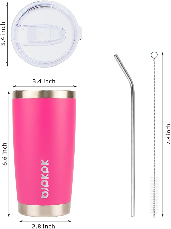 BJPKPK 20 oz Coffee Tumbler with Lid, Straw, Insulated Stainless Steel Mug | Double Wall Vacuum, Keeps Hot/Cold, BPA Free, Leak Proof, Iced Coffee Cup Fit Car Holder, Travel & Beach Ready, Pink
