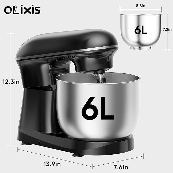 OLIXIS 6.3 Qt Stand Mixer, 10-Speed Tilt-Head Electric Mixer for Baking | Include dough hook, whisk, flat beater & splash lid. 10 speeds handle cakes, cookies & bread dough. Compact, easy-clean bowl