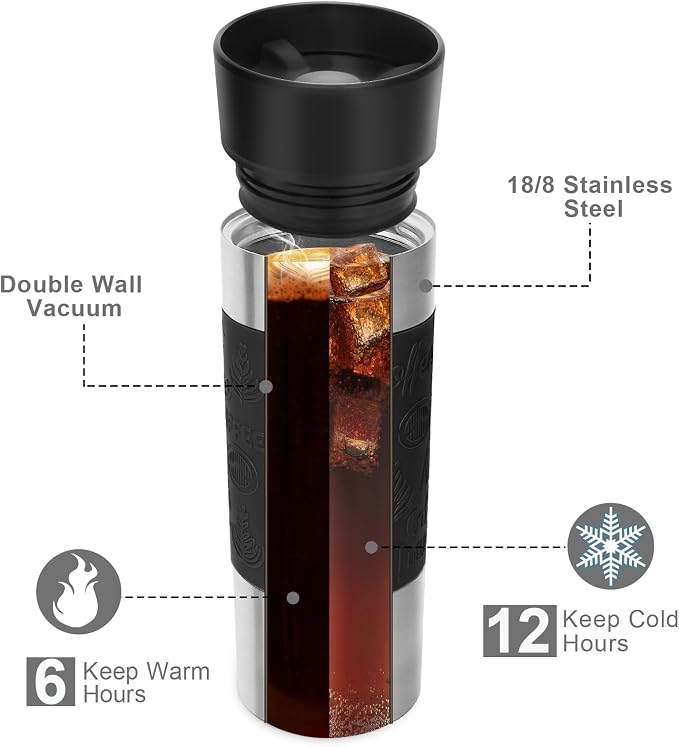 Travel Coffee Mug with 360°Lid, Travel Coffee Tumbler 16 oz Leak Proof, Stainless Steel Insulated Travel Mugs for Hot and Cold Spill Proof Leak Proof(Black)